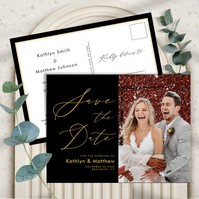 Black and Gold Elegant Script Save The Date Announcement Postcard (Creator Uploaded)