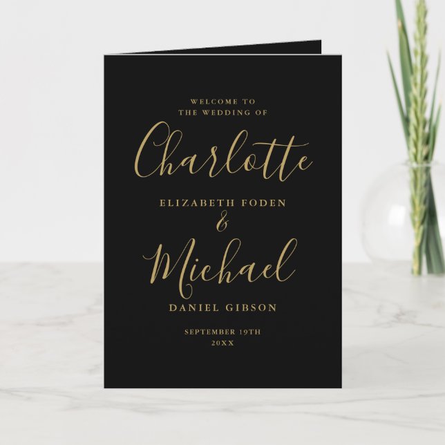 Black And Gold Elegant Signature Script Wedding Program (Front)