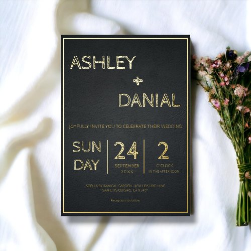 Black And Gold Elegant Simple Modern Wedding Foil Invitation