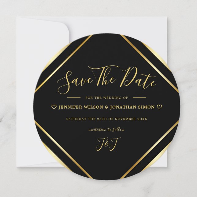 Black and Gold Elegant Simple Round Modern Save The Date (Front)