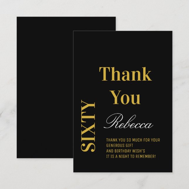 Black and Gold Elegant Sixty Birthday  Thank You Card (Front/Back)