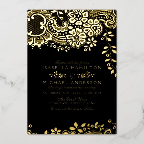 Black and Gold elegant vintage lace wedding Foil Invitation