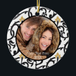 Black and Gold Elegant Vintage Two Photo Two Sided Ceramic Ornament<br><div class="desc">Elegant, vintage black and gold vines with a place to add your photo and text on the front. The design is generic enough for any photo or occasion (i.e., family, baby, pet, newlyweds, engagements, new home, etc.) The back features a full-bleed photo WITH A SEPIA TONE FILTER already applied... you...</div>