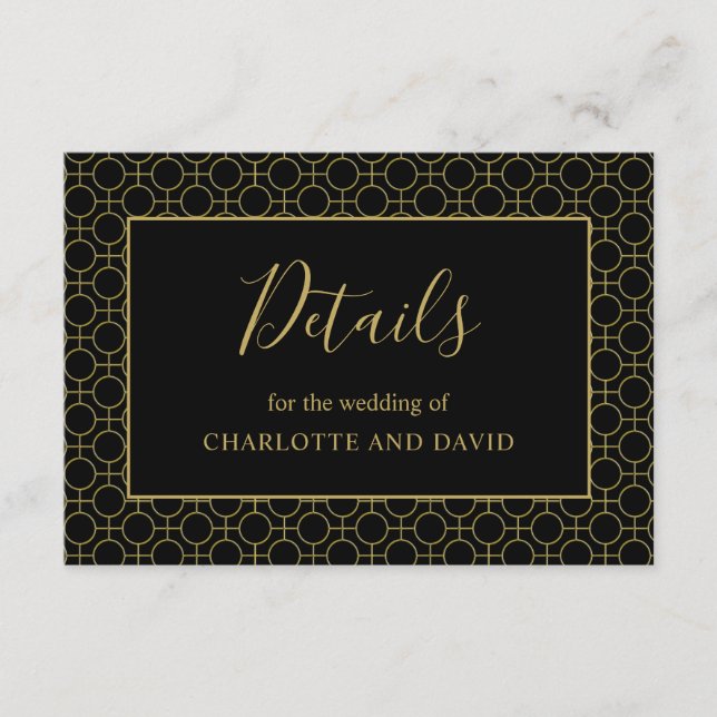 Black and Gold Elegant Wedding Details Enclosure Card (Front)