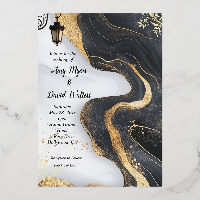 Black and Gold Elegant wedding Invitation Foil Invitation (Front)