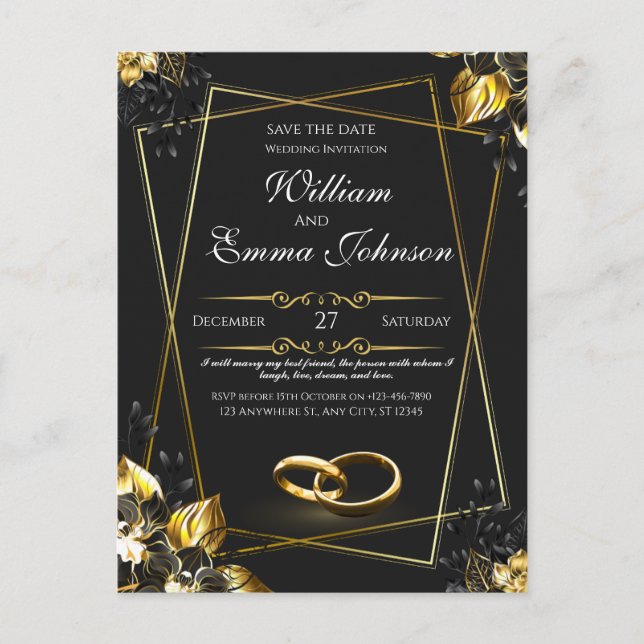 Black and Gold Elegant Wedding  Invitation Postcard (Front)