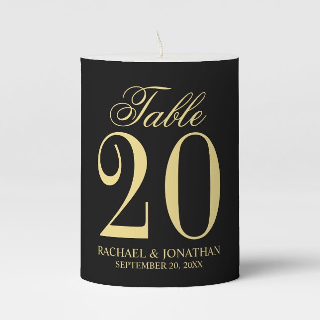 Black and Gold Elegant Wedding Table Number Pillar Candle (Front)