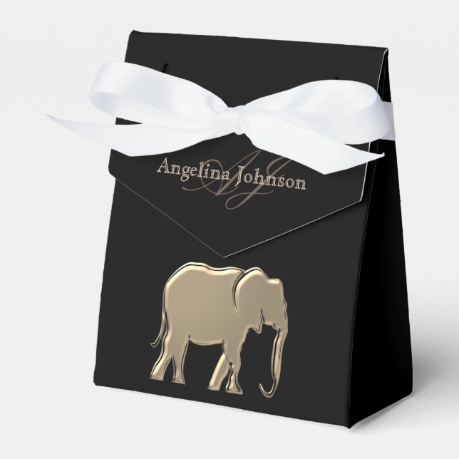 Black and Gold Elephant Classy Elegant Monogrammed Favor Boxes (Front Side)