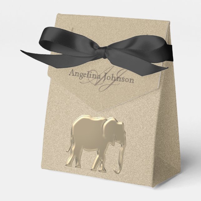 Black and Gold Elephant Elegant Monogrammed Favor Boxes (Front Side)