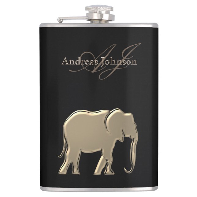 Black and Gold Elephant Glam Elegant Monogrammed Flask (Front)
