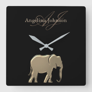 Black and Gold Elephant Monogrammed Square Wall Clock