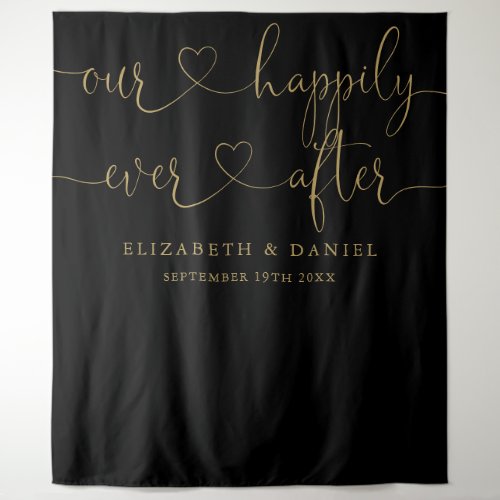 Black And Gold Ever After Heart Script Wedding Tapestry