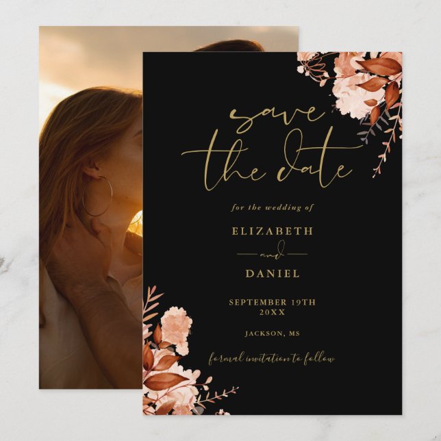 Black And Gold Fall Rustic Floral Photo Wedding Save The Date (Front/Back)