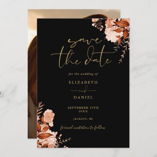 Black And Gold Fall Rustic Floral Photo Wedding Save The Date