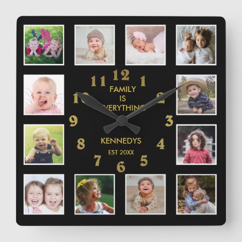 Black And Gold  Family Quote 12 Photo Collage Square Wall Clock