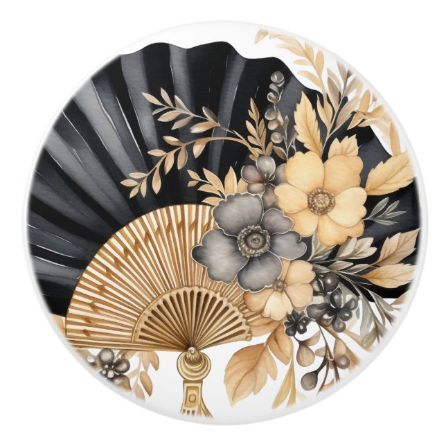 Black and Gold Fan Ceramic Knobs (Front)