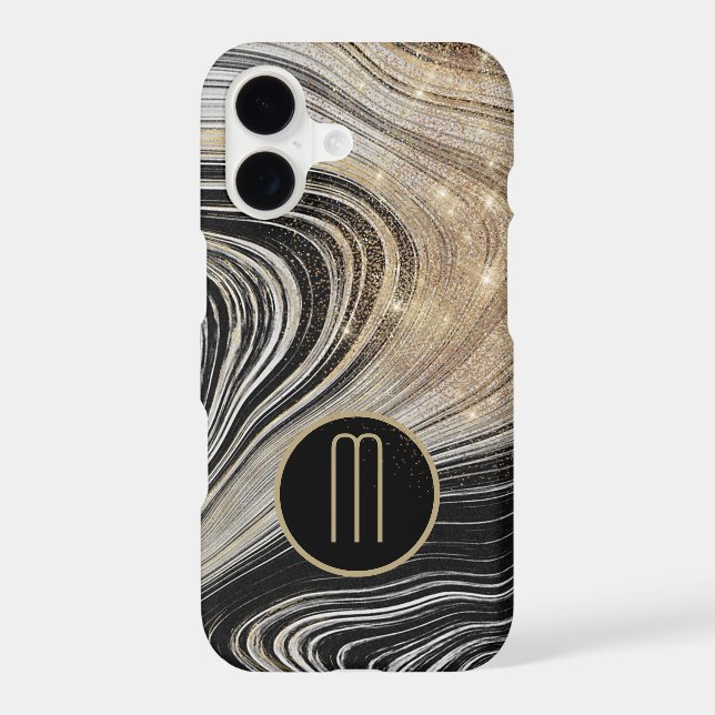 Black and Gold Faux Agate Star Shine Monogram Case-Mate iPhone Case (Back)