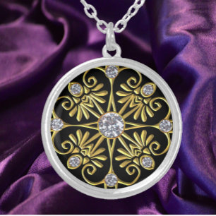 Black and Gold Faux Diamond Floral Silver Plated Necklace
