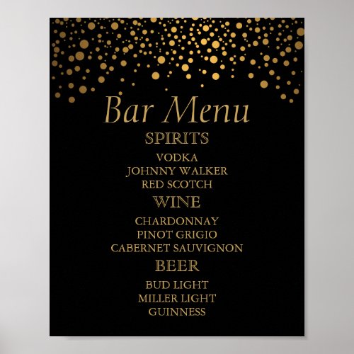 Black and Gold Faux Foil Confetti Dots _ Bar Menu Poster