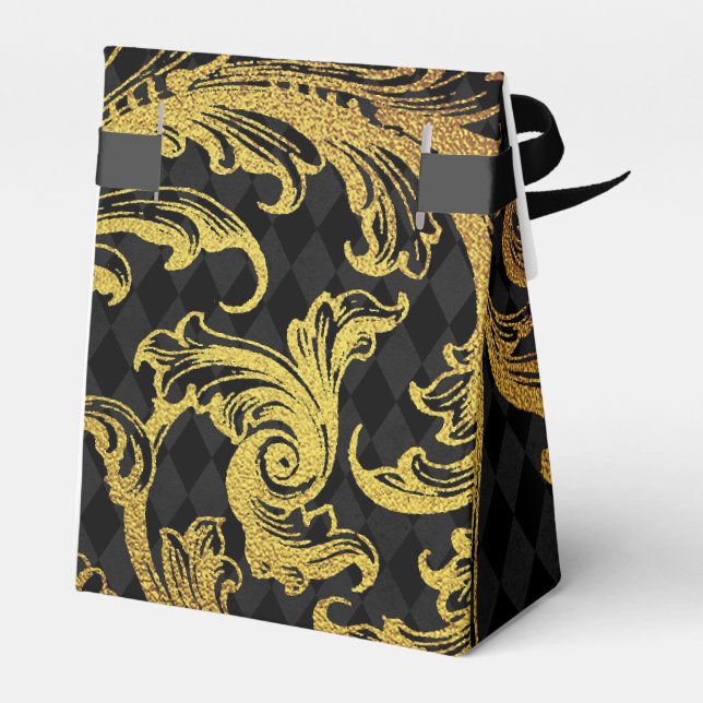 Black and Gold Faux Foil Damask Favor Boxes (Back Side)