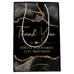 Black and Gold Faux Glitter Agate Birthday Party Medium Gift Bag
