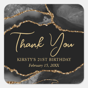 Black and Gold Faux Glitter Agate Birthday Party Square Sticker