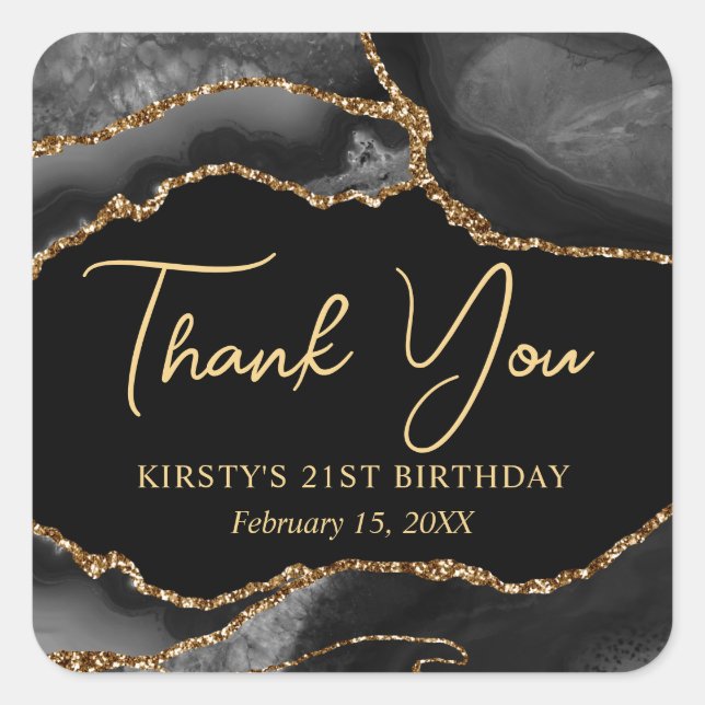 Black and Gold Faux Glitter Agate Birthday Party Square Sticker (Front)