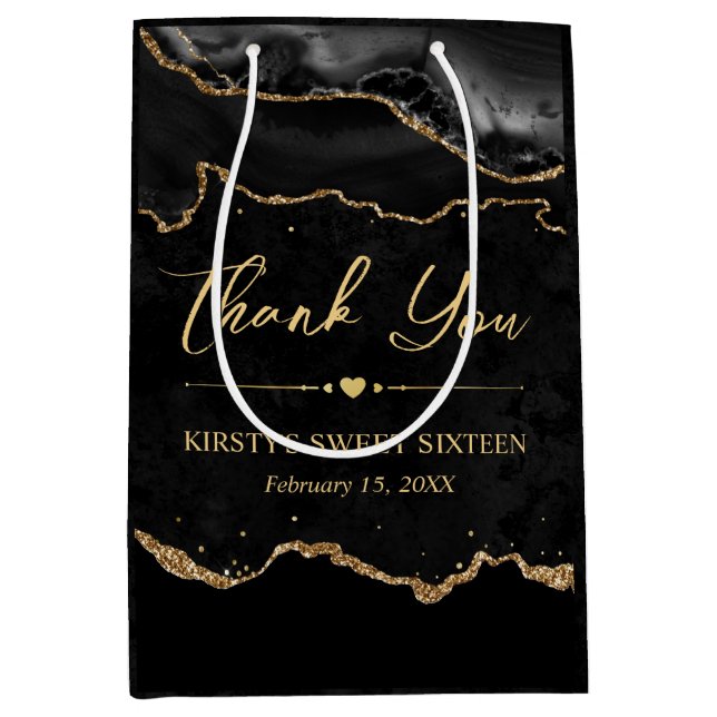 Black and Gold Faux Glitter Agate Sweet 16 Medium Gift Bag (Front)