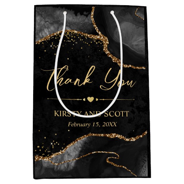 Black and Gold Faux Glitter Agate Wedding Medium Gift Bag (Front)
