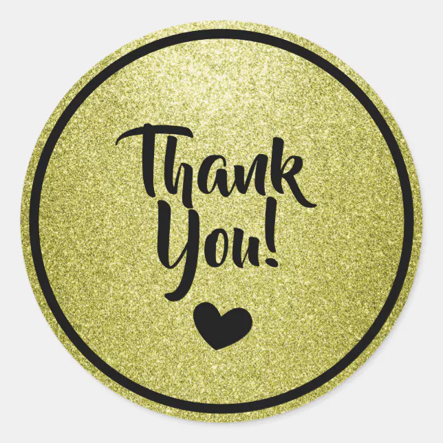 Black and Gold Faux Glitter Thank You Classic Round Sticker | Zazzle