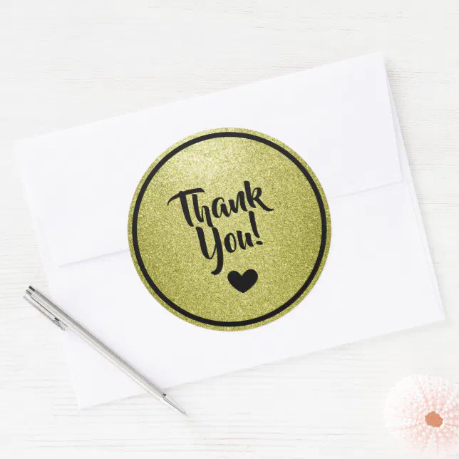Black and Gold Faux Glitter Thank You Classic Round Sticker | Zazzle