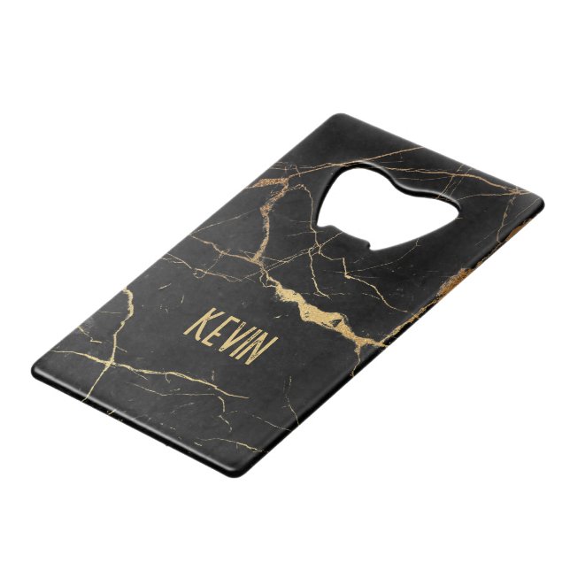 Black and gold faux marble background credit card bottle opener (Back Angled)