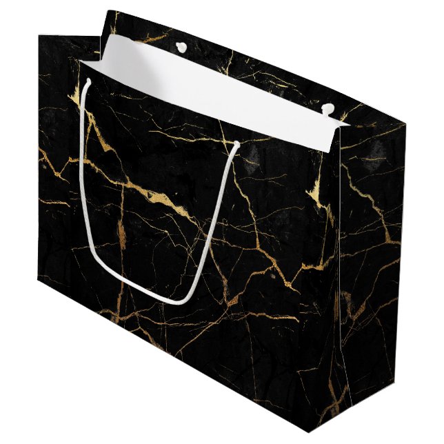 Black and gold faux marble texture large gift bag (Front Angled)