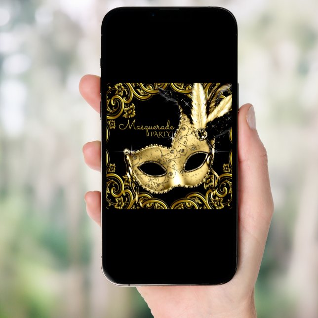 Black and Gold Feather Mask Masquerade Party Invitation (Front Digital)