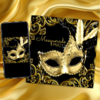Black and Gold Feather Mask Masquerade Party