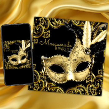 Black And Gold Feather Mask Masquerade Party Invitation by Pure_Elegance at Zazzle