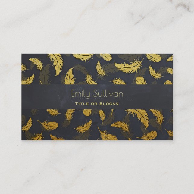 Black And Gold Feather Pattern Business Card (Front)