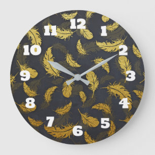 Black And Gold Feather Pattern Large Clock