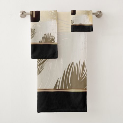 Black and Gold Feather Pattern with Monogram Bath Towel Set