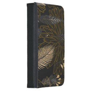 Black and Gold Feather Printed Wallet Phone Case