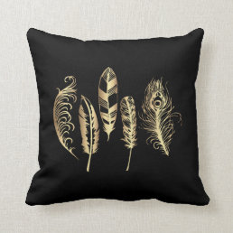 Black and Gold Feathers Throw Pillow