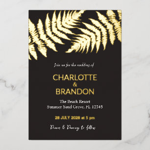 Black and Gold Ferns Outdoors Wedding Gold Foil Invitation