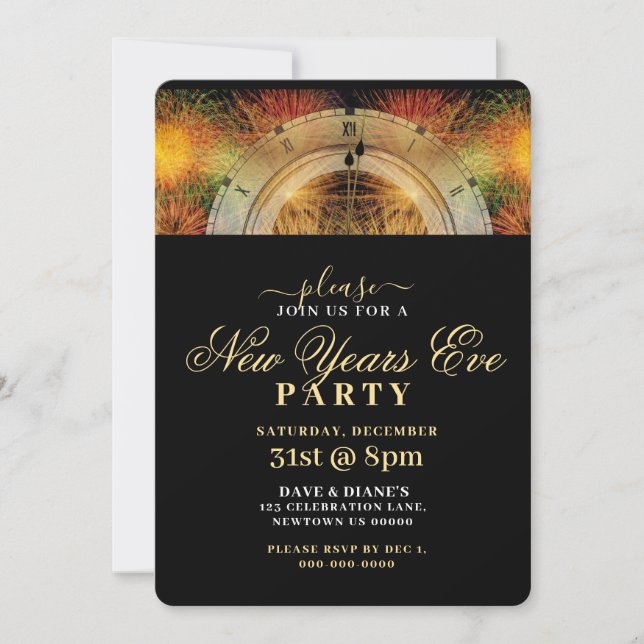 BLACK AND GOLD, FESTIVE CLOCK, NEW YEARS PARTY INVITATION (Front)
