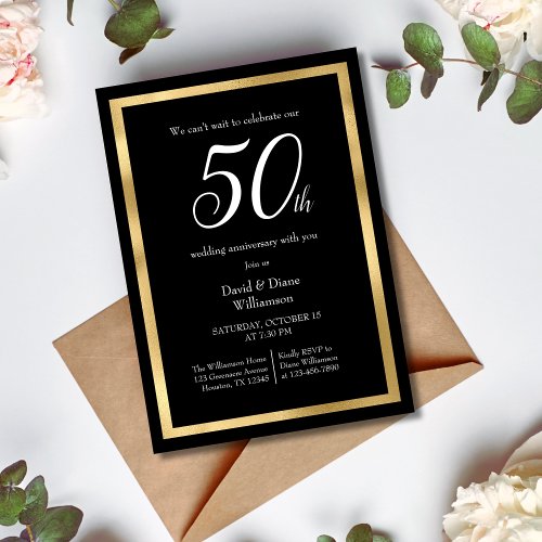 Black and Gold Fiftieth Wedding Anniversary Party Invitation