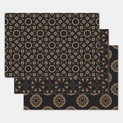 Black and Gold Filigree Ornaments Mosaic Patterns Wrapping Paper Sheets