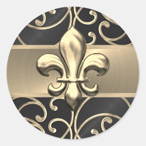 Black and Gold Filigree Swirls Fleur de Lis Classic Round Sticker