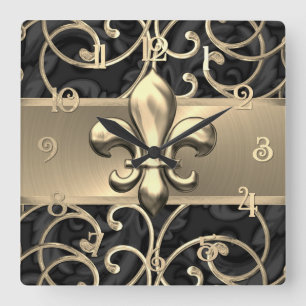 Black and Gold Filigree Swirls Fleur de Lis Square Wall Clock