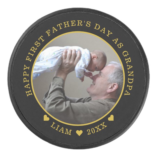 Black And Gold First Father's Day As Grandpa Photo Hockey Puck (Front)