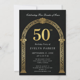 Black and Gold Five Decades of Grace 50th Birthday Invitation