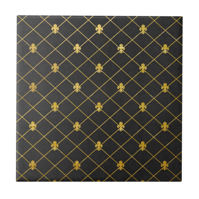 Black and Gold. Fleur de Lis. Ceramic Tile (Front)